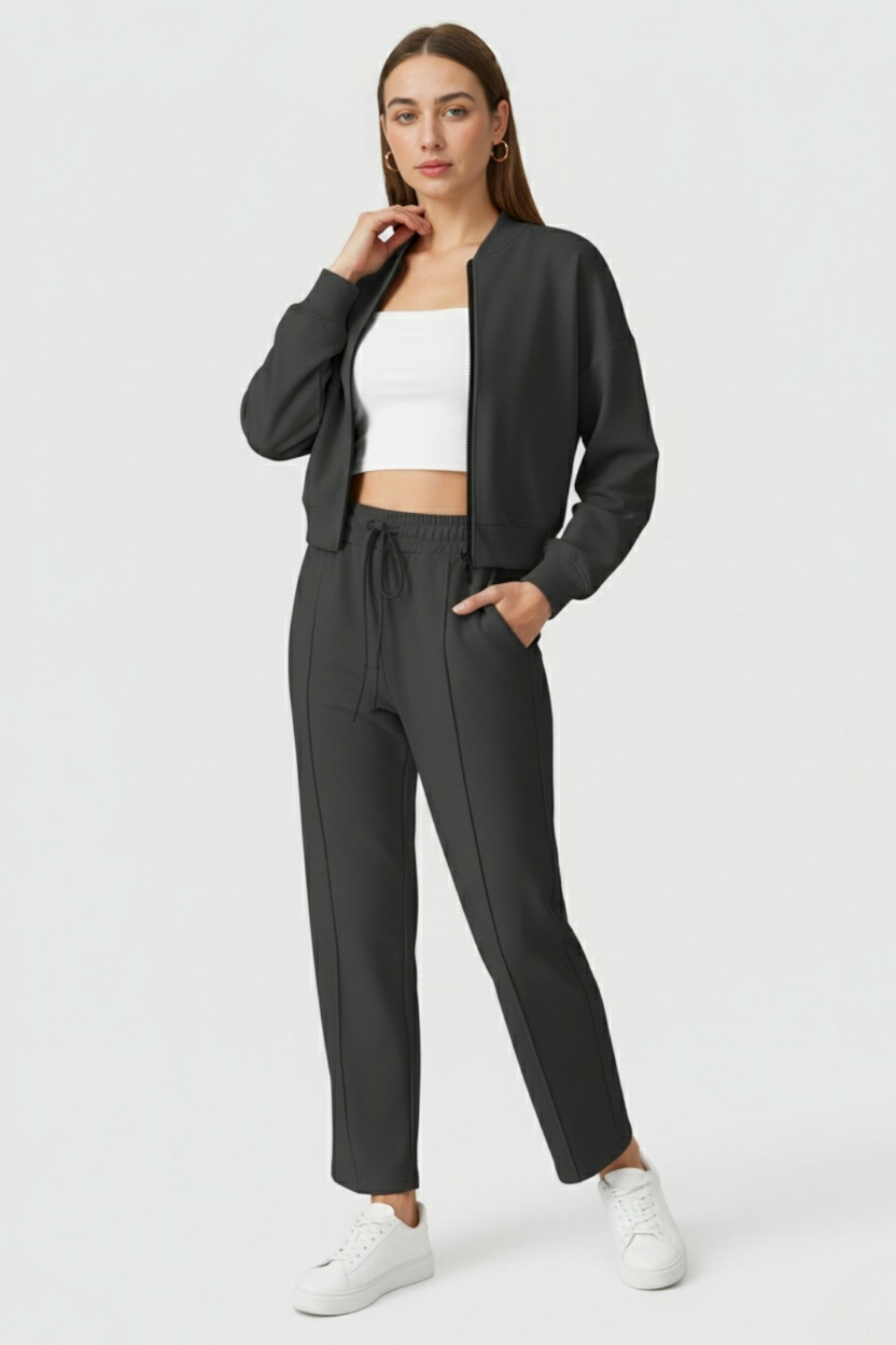 Serena gray hoodie and sweatpants activewear set by Lumina Wear, casual modern style, comfortable fit for active lifestyles.