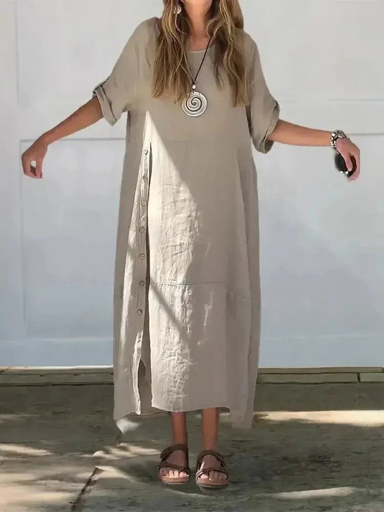 Lumina Vancouver Francoise casual maxi dress in sand color, featuring a one-color design and comfortable fit, size small.