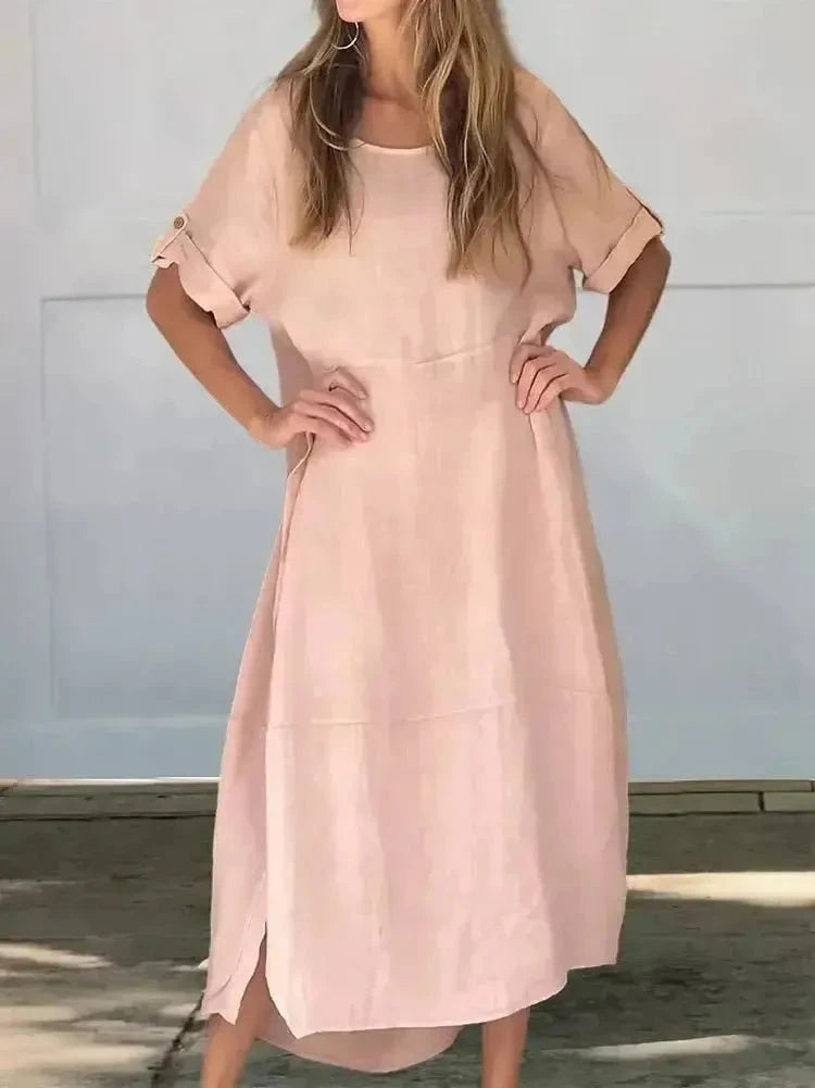 Lumina Vancouver Francoise casual maxi dress in sand color, one-color design, flowing fabric, and knee-length style.
