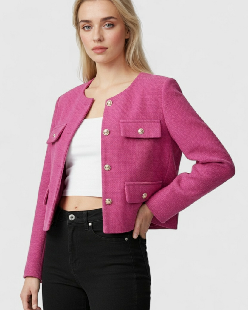 Pink-red Lumina Wear Serena short jacket with versatile style, showcasing a chic, fitted design perfect for women's fashion.