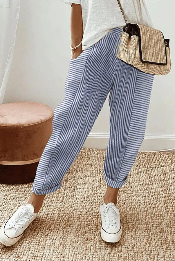 Blue Serena Lumina Wear chic striped high waist trousers with pockets, stylish and comfortable for casual or office wear.