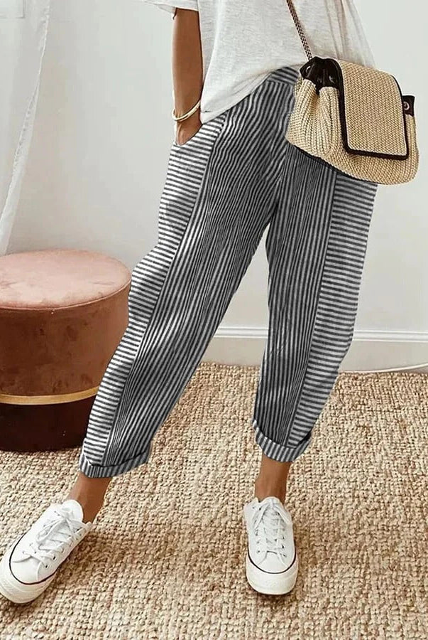 Blue Serena Lumina high waist striped trousers with pockets, featuring a chic design and slim fit, perfect for stylish casual wear.