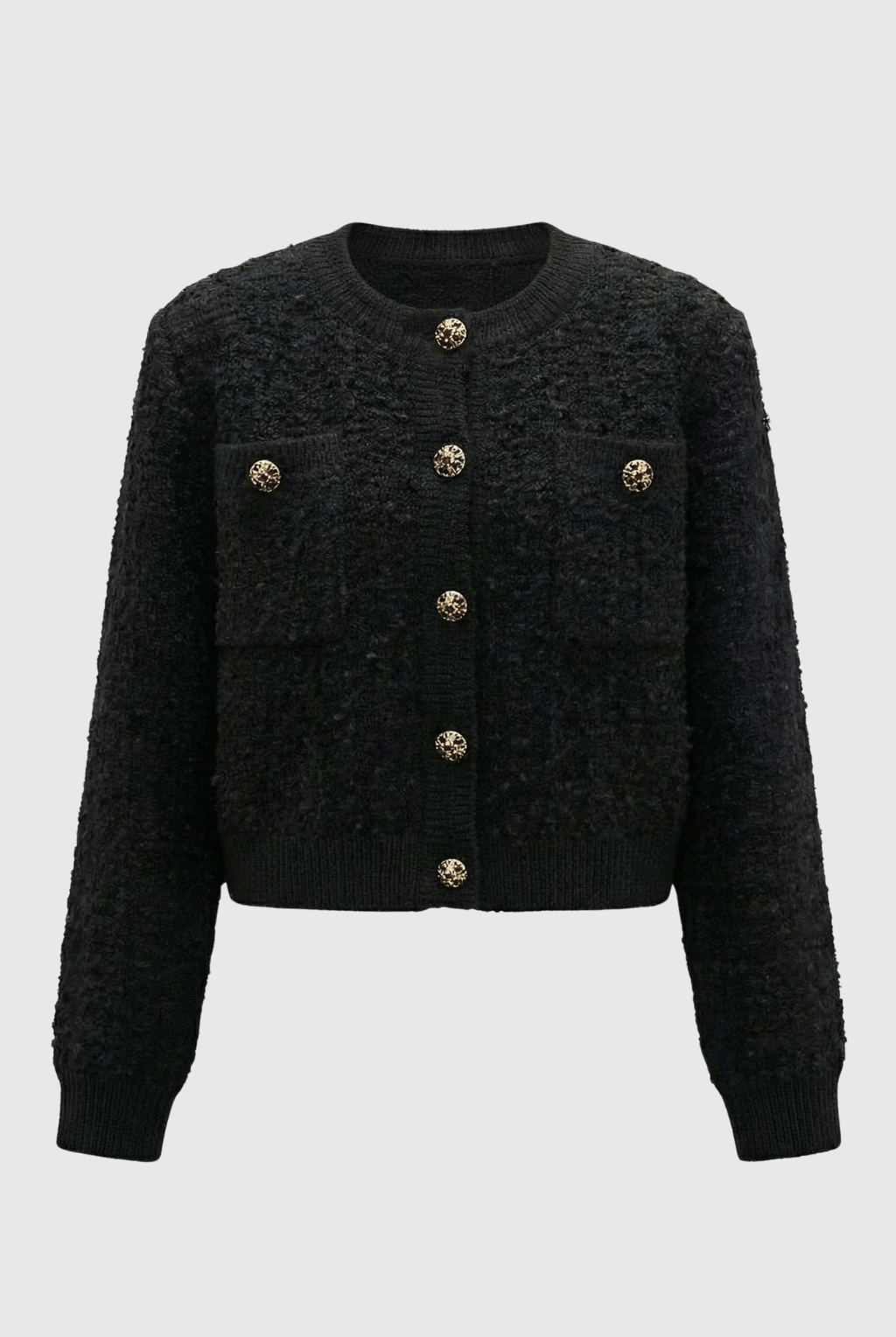 Black knit cardigan with open front from Lumina Wear, cozy women's sweater with long sleeves and relaxed fit.