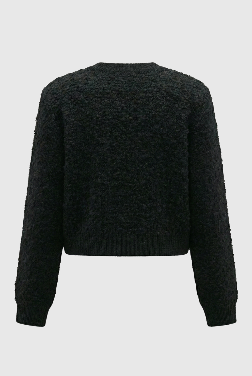 Black knit women's cardigan with open front from Lumina Wear, featuring a cozy, relaxed fit and soft texture.
