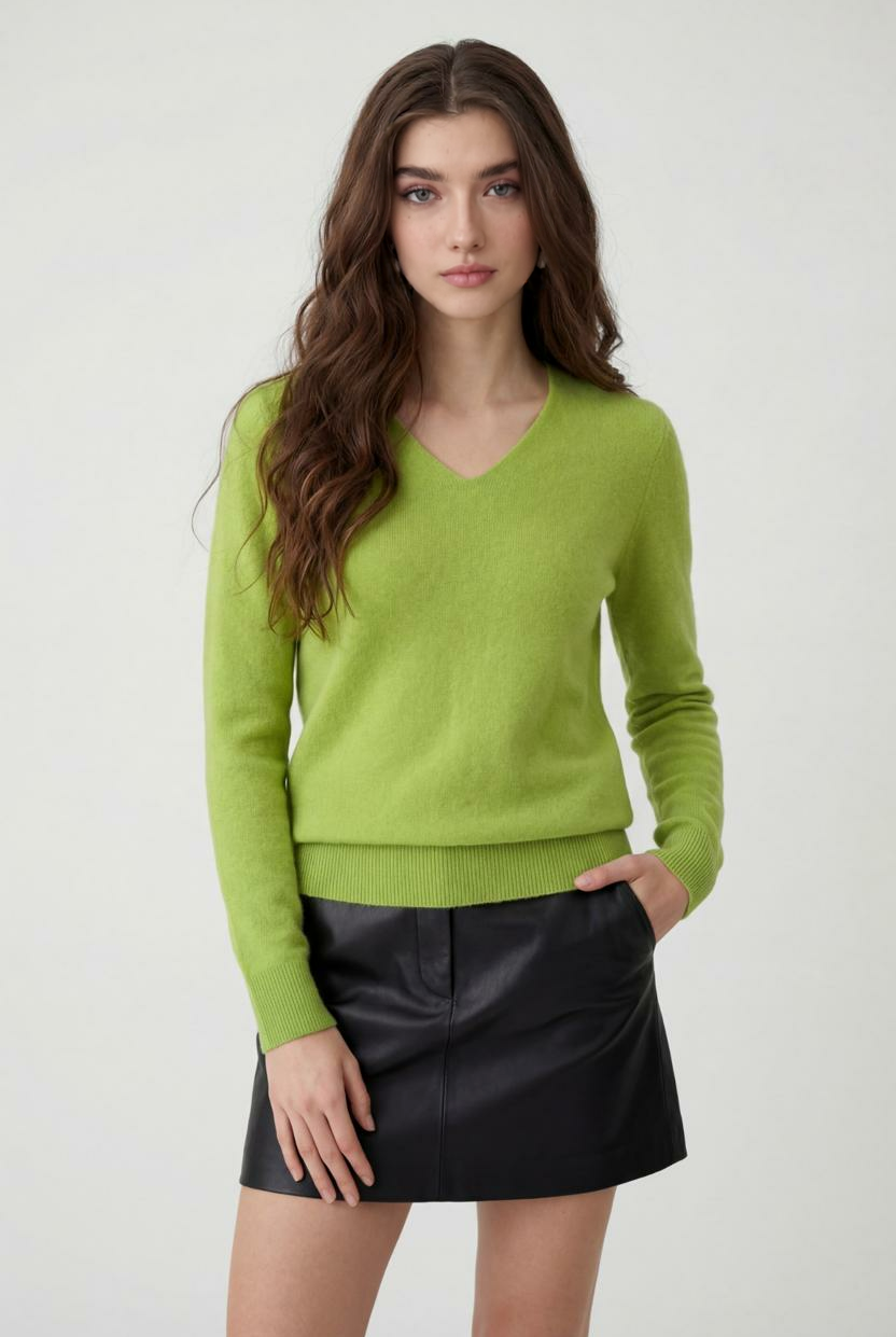 Light green Lumina Wear Serena women's V-neck sweater with a cozy, flattering fit, perfect for casual and comfortable wear.