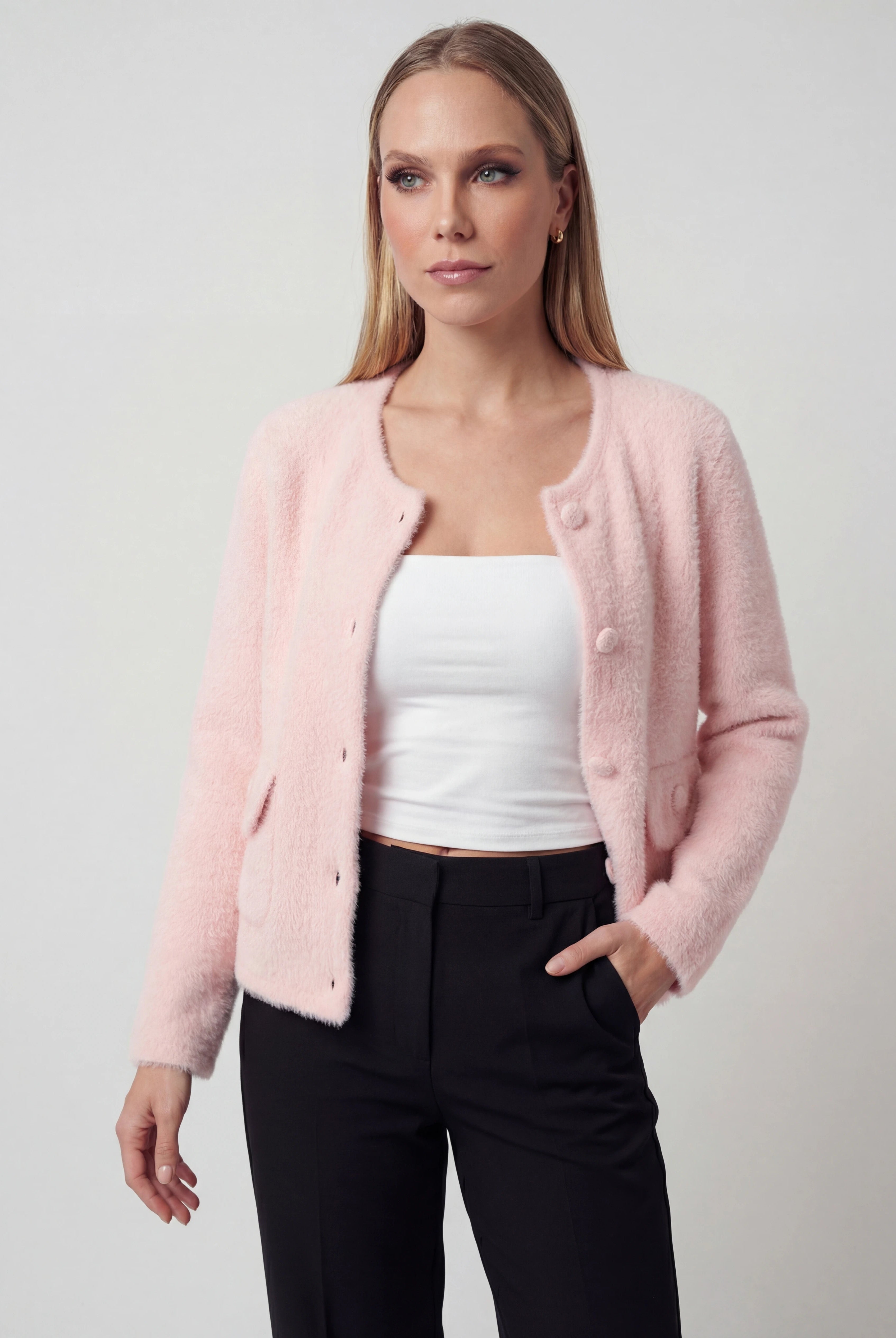 Pink long cardigan sweater with open front from Lumina Wear, styled casually with soft, cozy fabric and a relaxed fit.