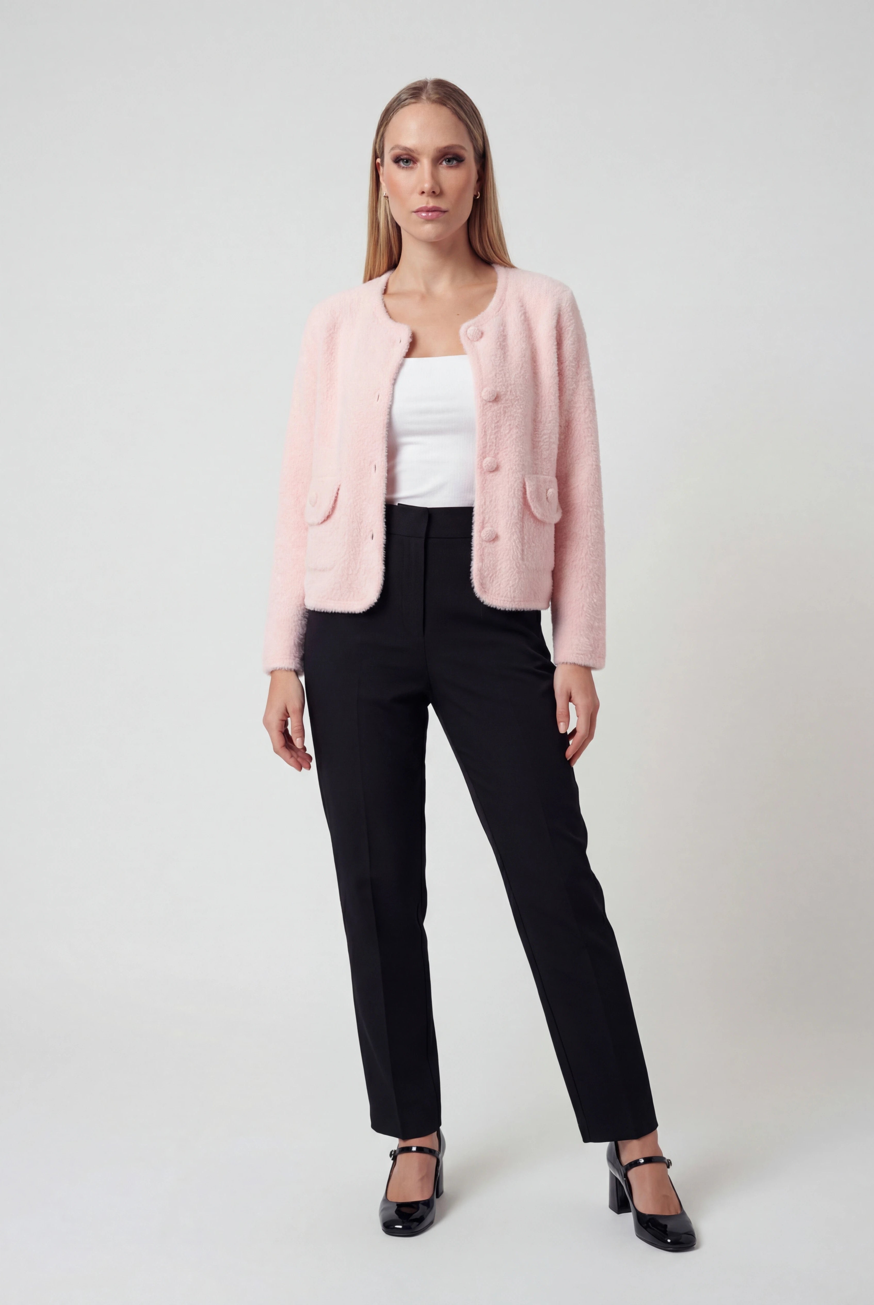 Pink long cardigan sweater with open front from Lumina Wear, featuring a cozy, relaxed fit and soft knit fabric.