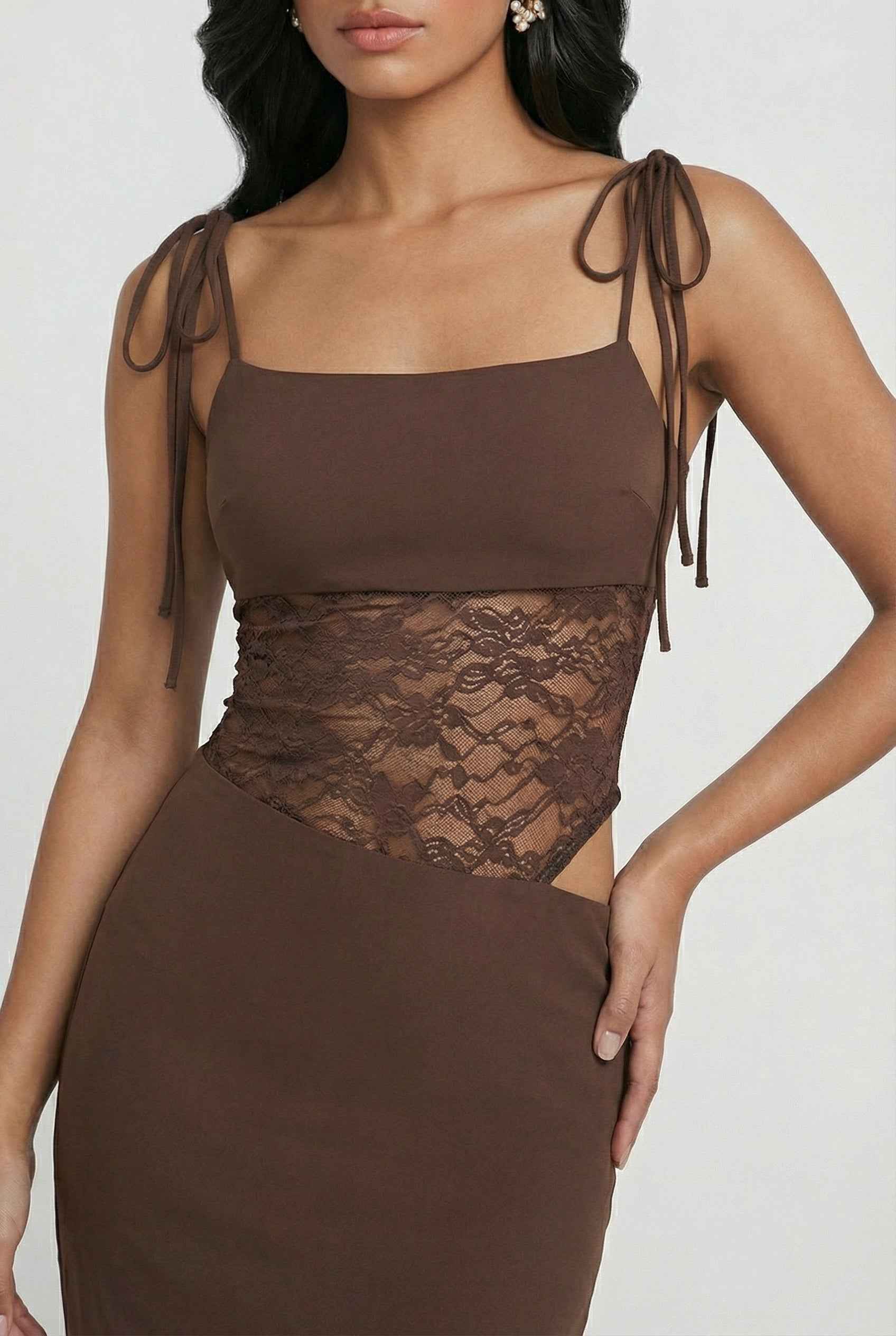 Serena Lumina Wear chocolate bodycon maxi dress featuring a flattering silhouette and elegant design, perfect for casual occasions.