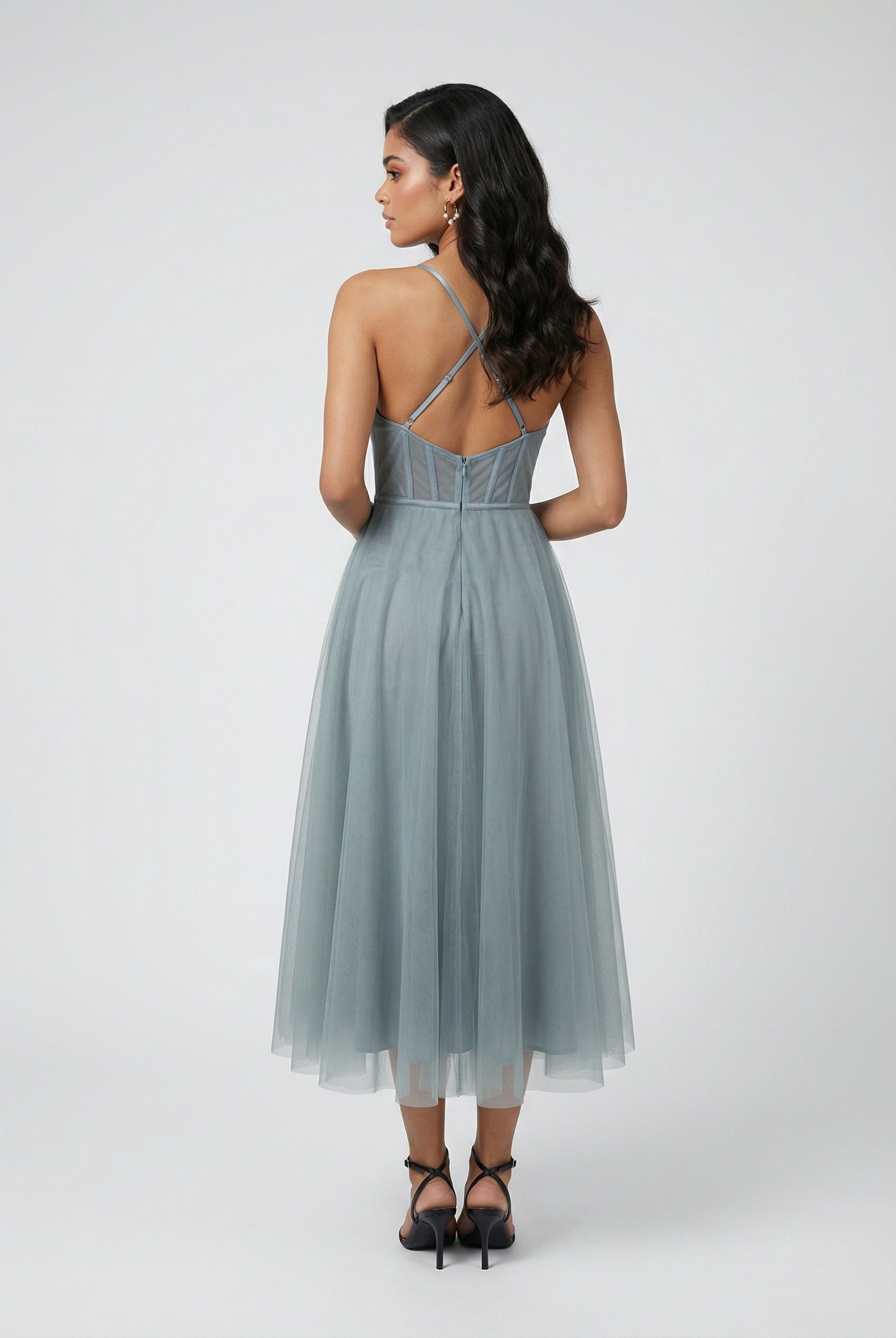 Gray and blue A-line midi dress by Lumina Wear featuring an elegant fit and comfortable design.