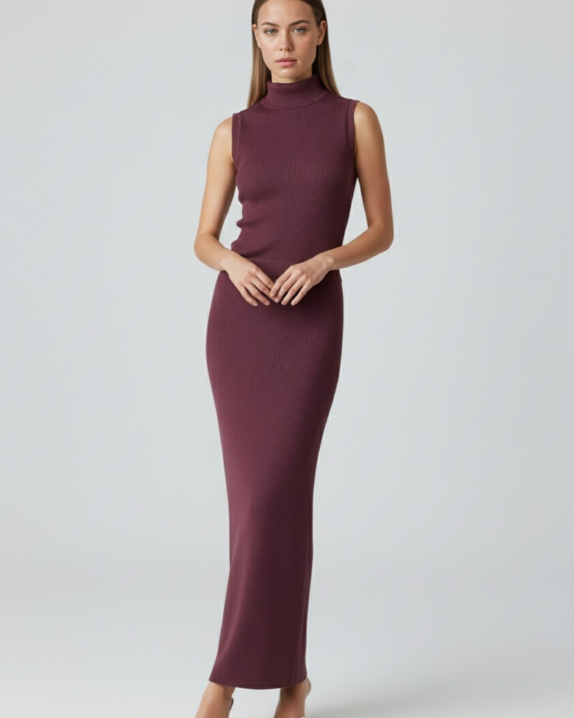Elegant knit skirt and top set by Lumina Wear, featuring a flattering silhouette and stylish two-piece design.