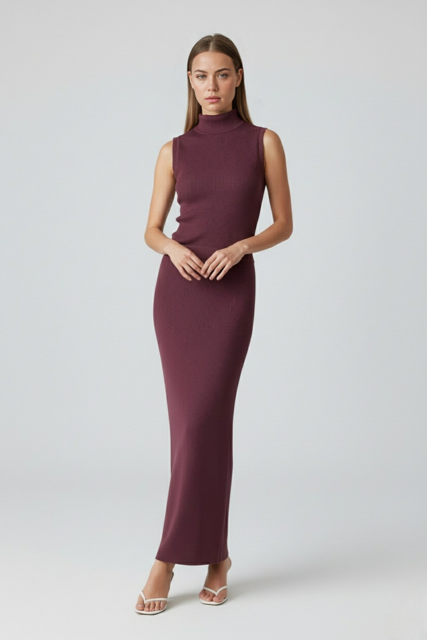 Lumina Wear Serena elegant knit skirt and top set featuring a flattering silhouette, perfect for stylish two-piece dress outfits.