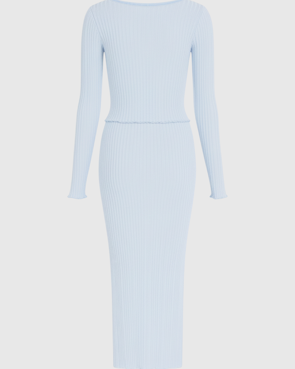 Light blue Serena maxi skirt set by Lumina Wear featuring a sophisticated fit and elegant design, shown on a model.