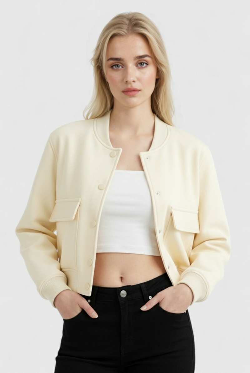 Elegant milk white Lumina Wear Serena bomber jacket with timeless design, featuring smooth fabric and classic silhouette.