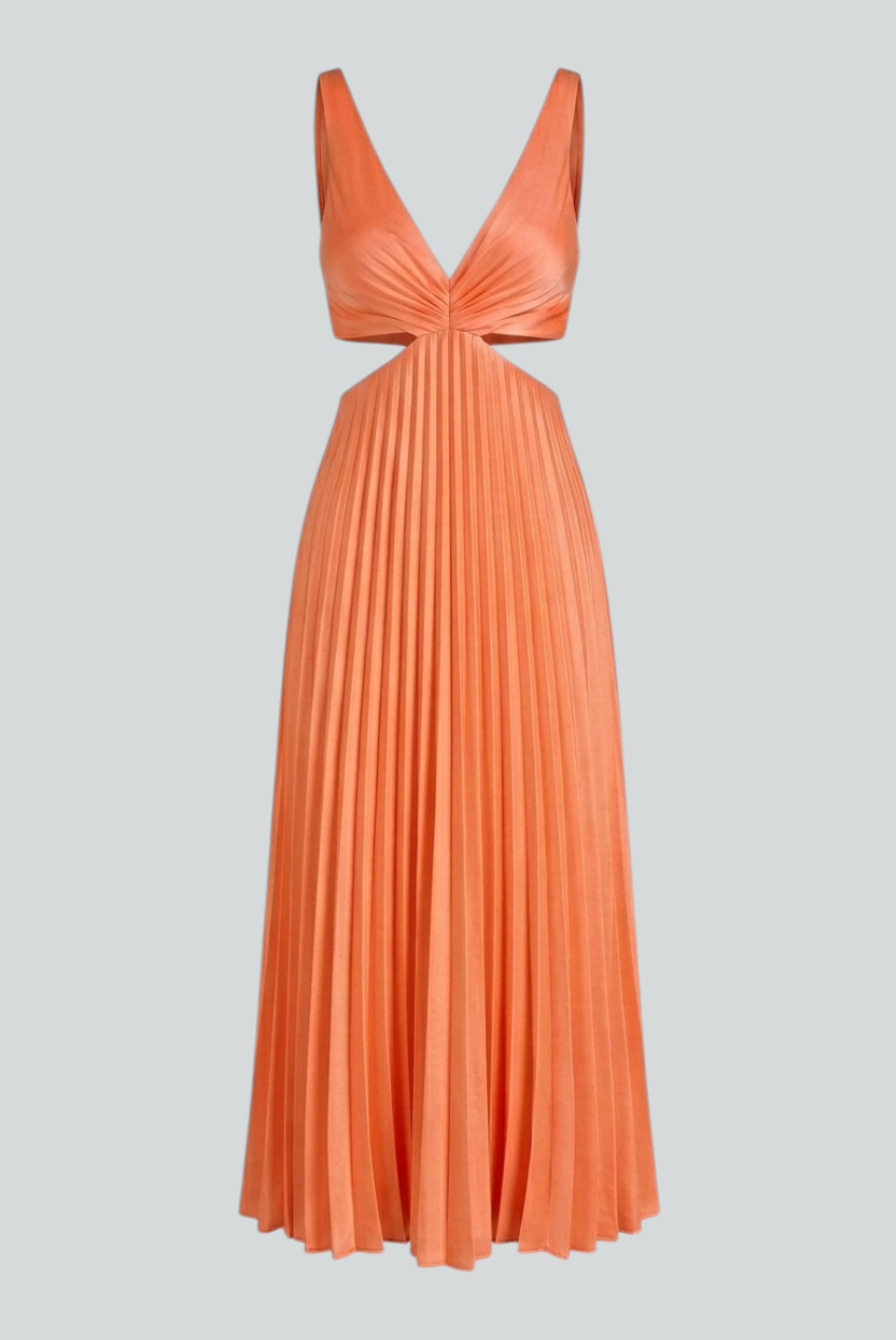 Orange Serena pleated midi dress by Lumina Wear, featuring a flattering fit and elegant design for women's dresses.