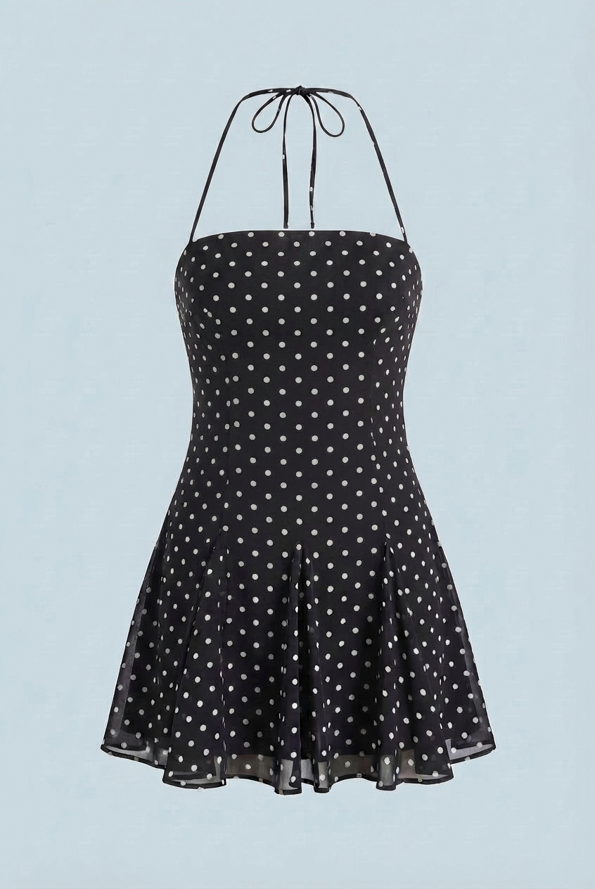 Serena Lumina black flared mini dress with polka dot print, showcasing a stylish and playful dress design.