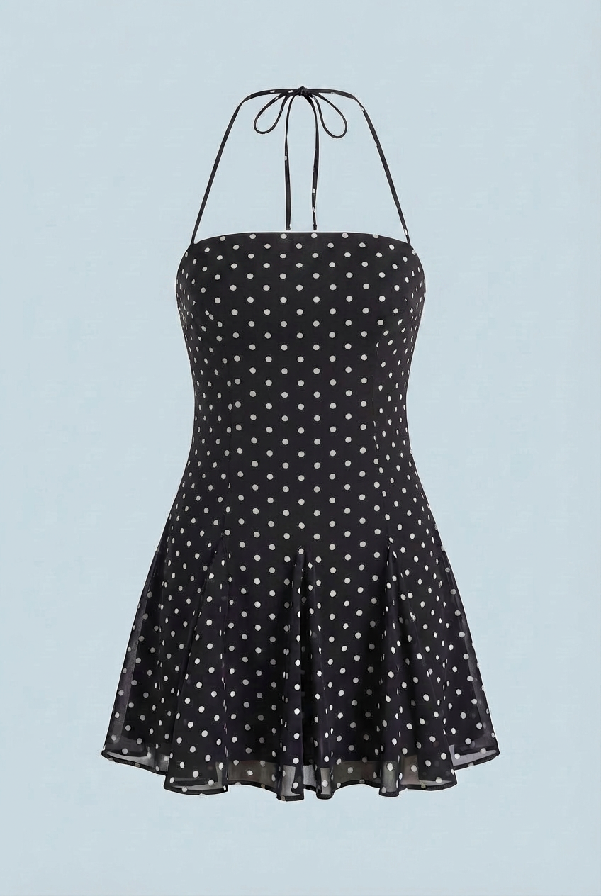 Serena Lumina black flared mini dress with polka dot print, showcasing a stylish and playful dress design.