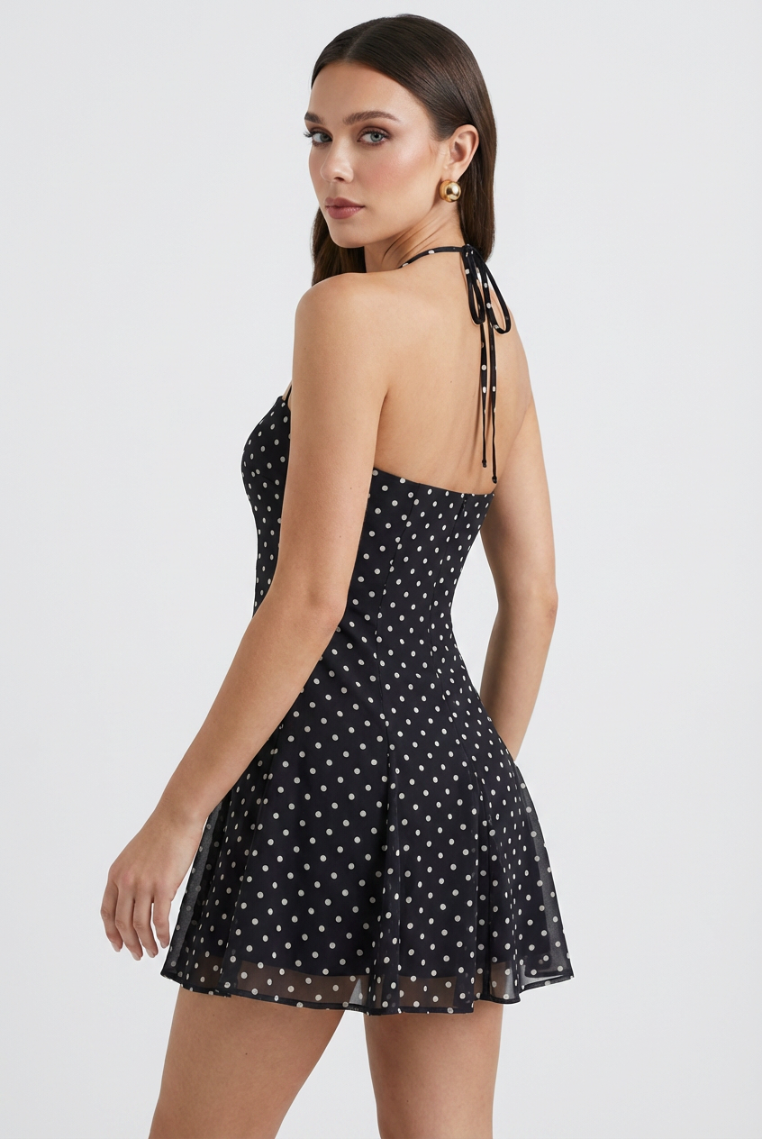 Black flared mini dress with polka dot print from Lumina Wear's Serena collection, featuring a stylish and playful design.