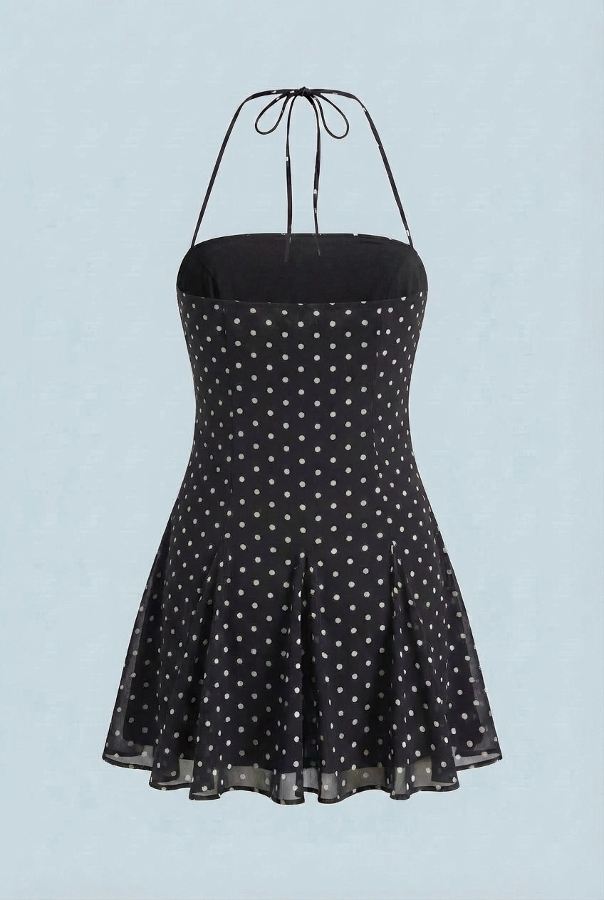 Serena black flared mini dress with polka dot print by Lumina Wear, stylish dress with a fitted waist and playful pattern.