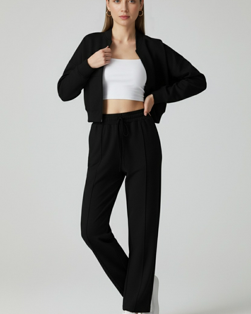 Serena Lumina Wear modern high-waist loose fit two-piece pants set in black, casual style for women, activewear look