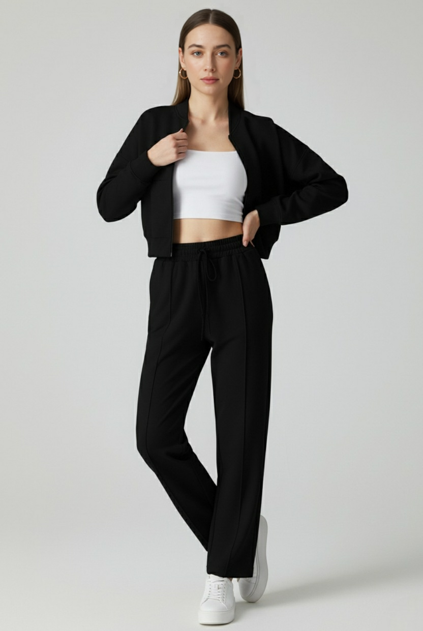 Black Serena Lumina Wear high waist loose fit two-piece pants set, casual active set with modern style.