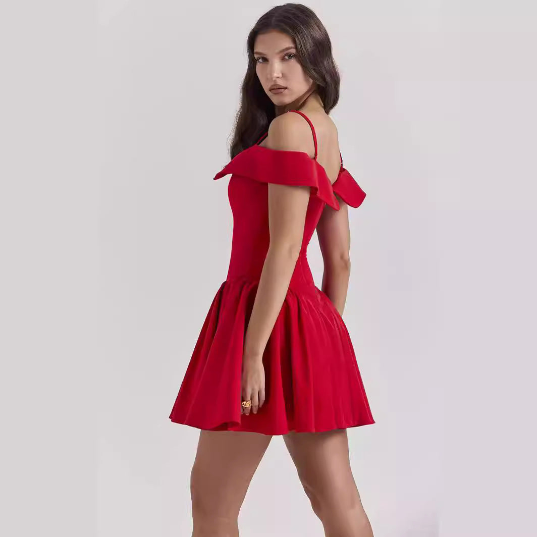 Red Serena Nova fit and flare mini dress by Lumina Vancouver, showcasing its stylish silhouette and vibrant color.