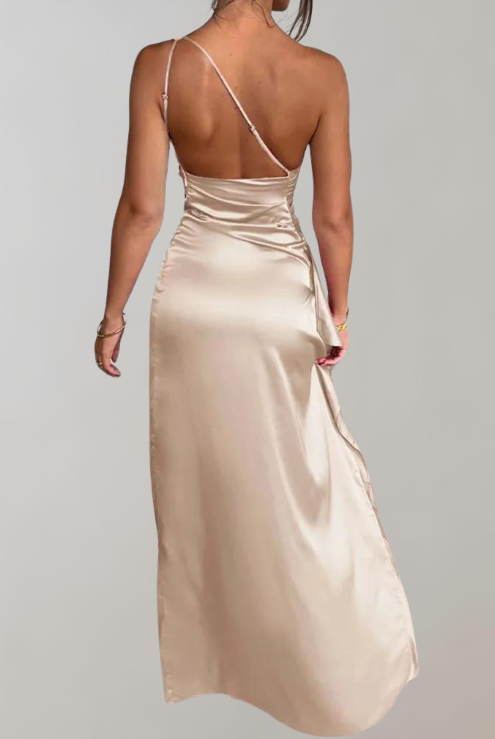 Lumina Wear Serena satin mini gown with slit, elegant khaki evening dress featuring a sleek design and fitted silhouette.