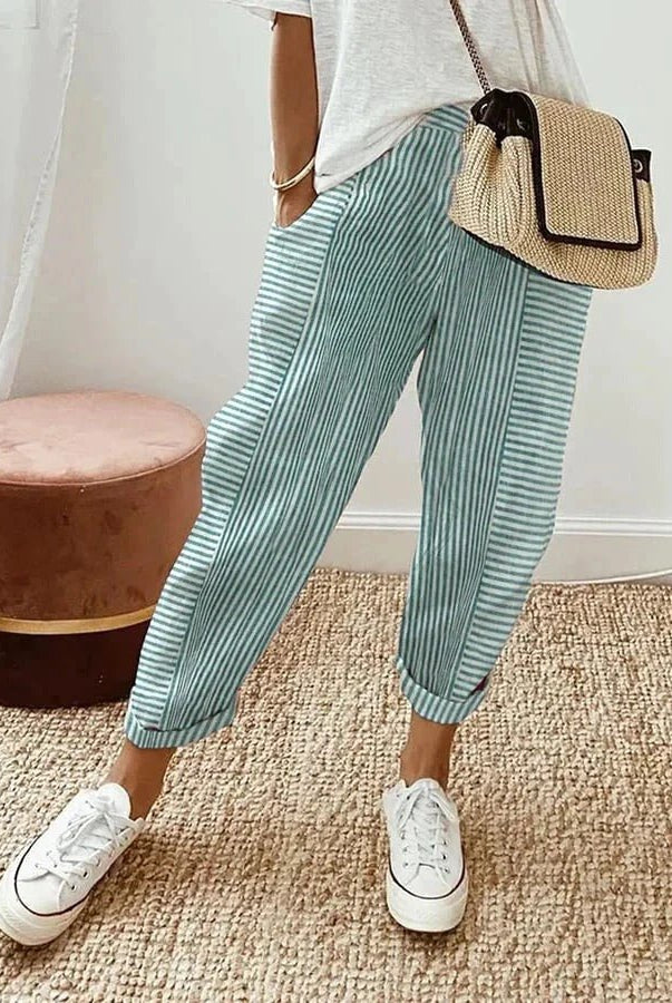 Blue Serena Lumina Wear striped casual lounge pants with elastic waist, relaxed fit, ideal for comfortable everyday wear.
