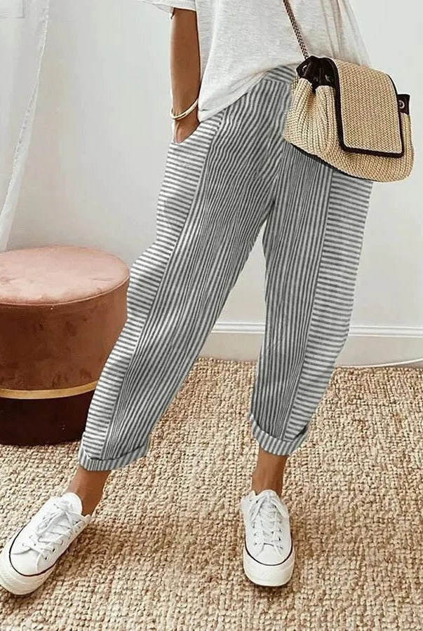 Blue Serena Lumina casual lounge pants with striped pattern and elastic waistband, relaxed fit, XS size.
