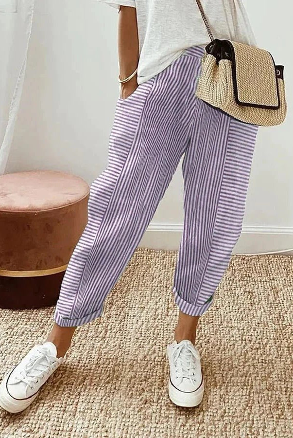 Blue Serena Lumina Wear striped casual lounge pants with elastic waist and relaxed fit, perfect for comfortable everyday wear.