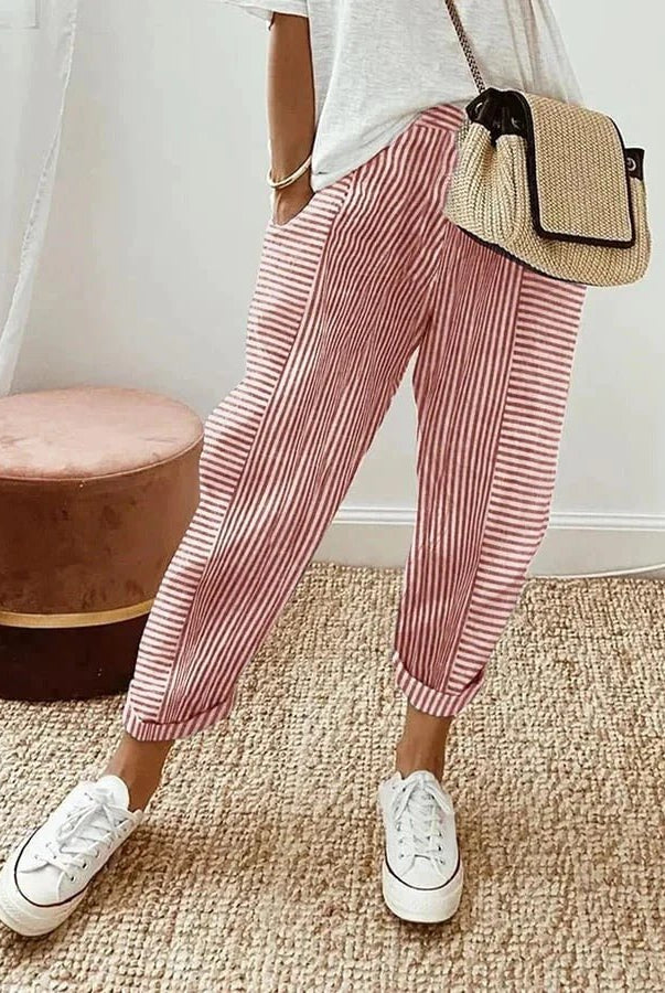 Blue Serena Lumina Wear striped casual lounge pants with elastic waist, comfortable fit, and relaxed style.