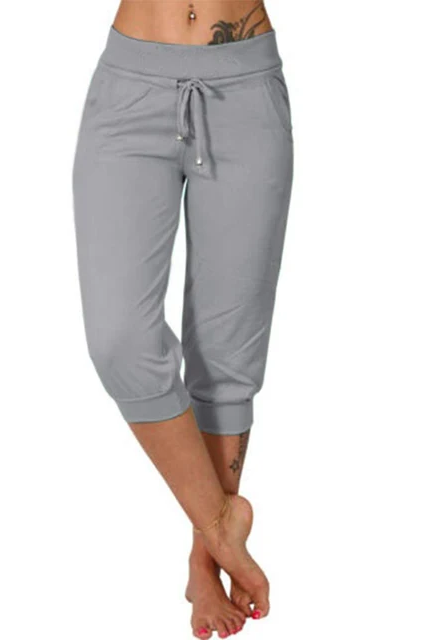 Lumina Wear Serena grey capri trousers with elastic waistband, lightweight and stylish for casual wear.
