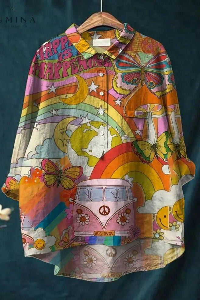 Multicolor Serenity Hippie Art T-Shirt by Lumina Wear featuring vibrant, peaceful design on a casual unisex tee.