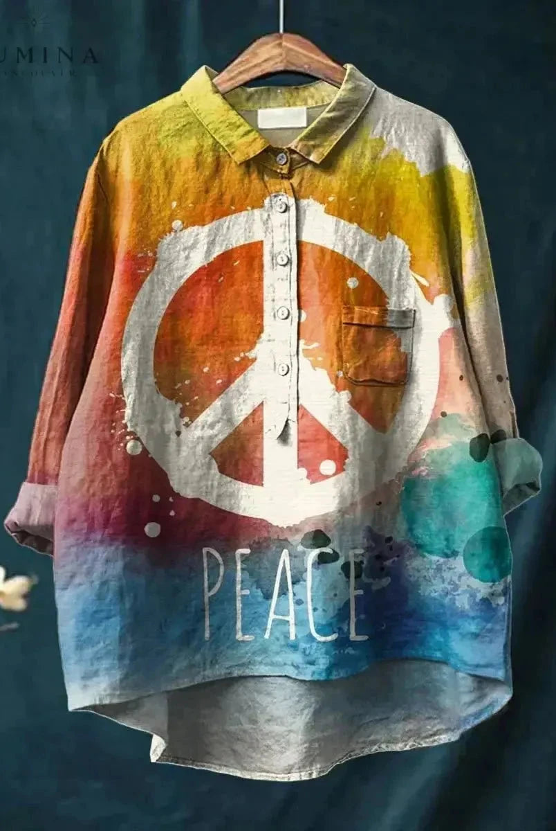 Multicolor Serenity Hippie Art T-Shirt by Lumina Wear featuring vibrant, bohemian-inspired design on a casual cotton tee.