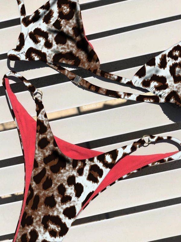 Red animal print bikini set from Lumina Vancouver featuring a stylish, sexy design perfect for summer beachwear.