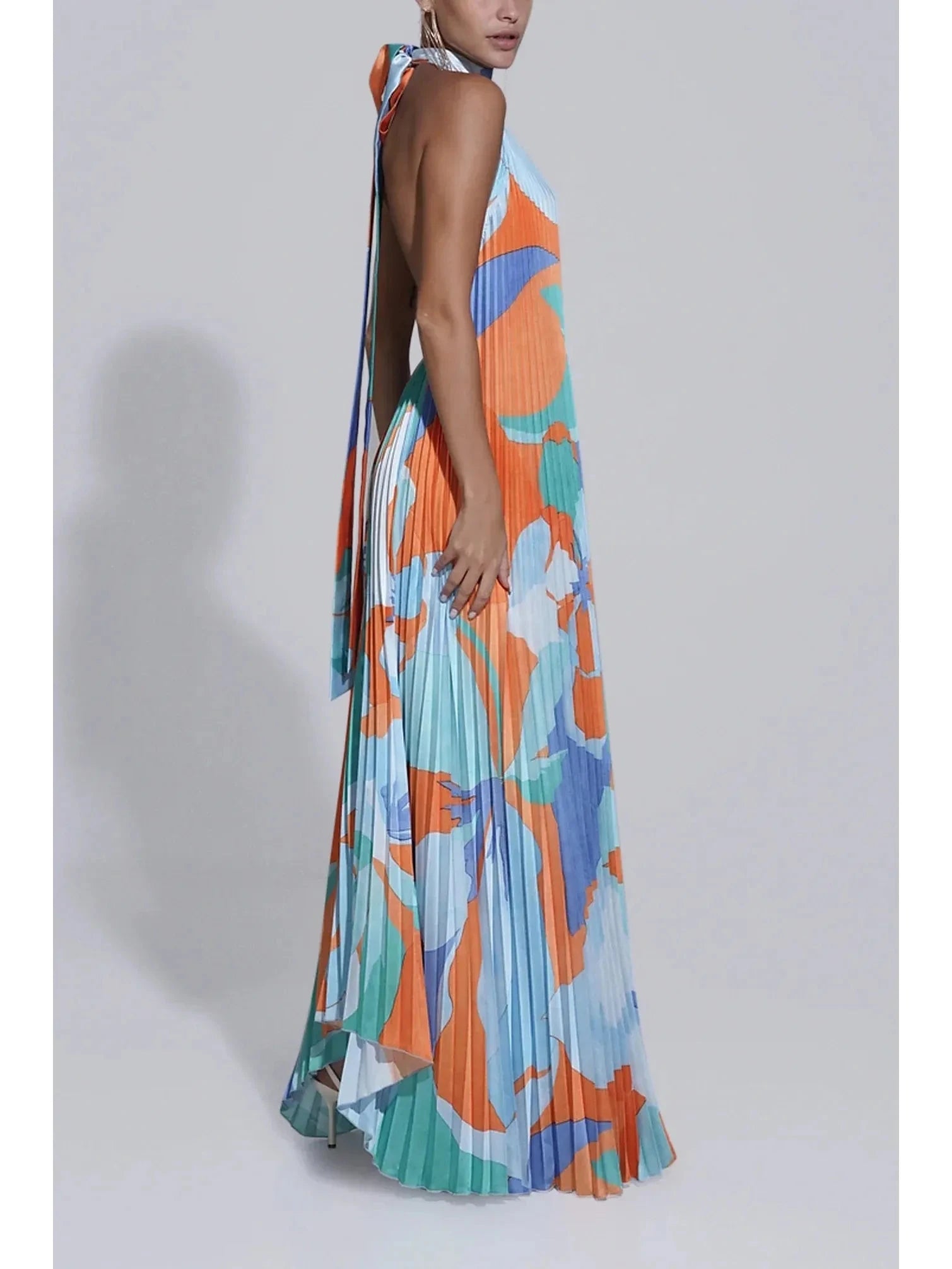 Multicolor Shalia Sultry Halter Pleated Maxi Dress by Lumina Vancouver, flowing fabric and elegant halter neckline.