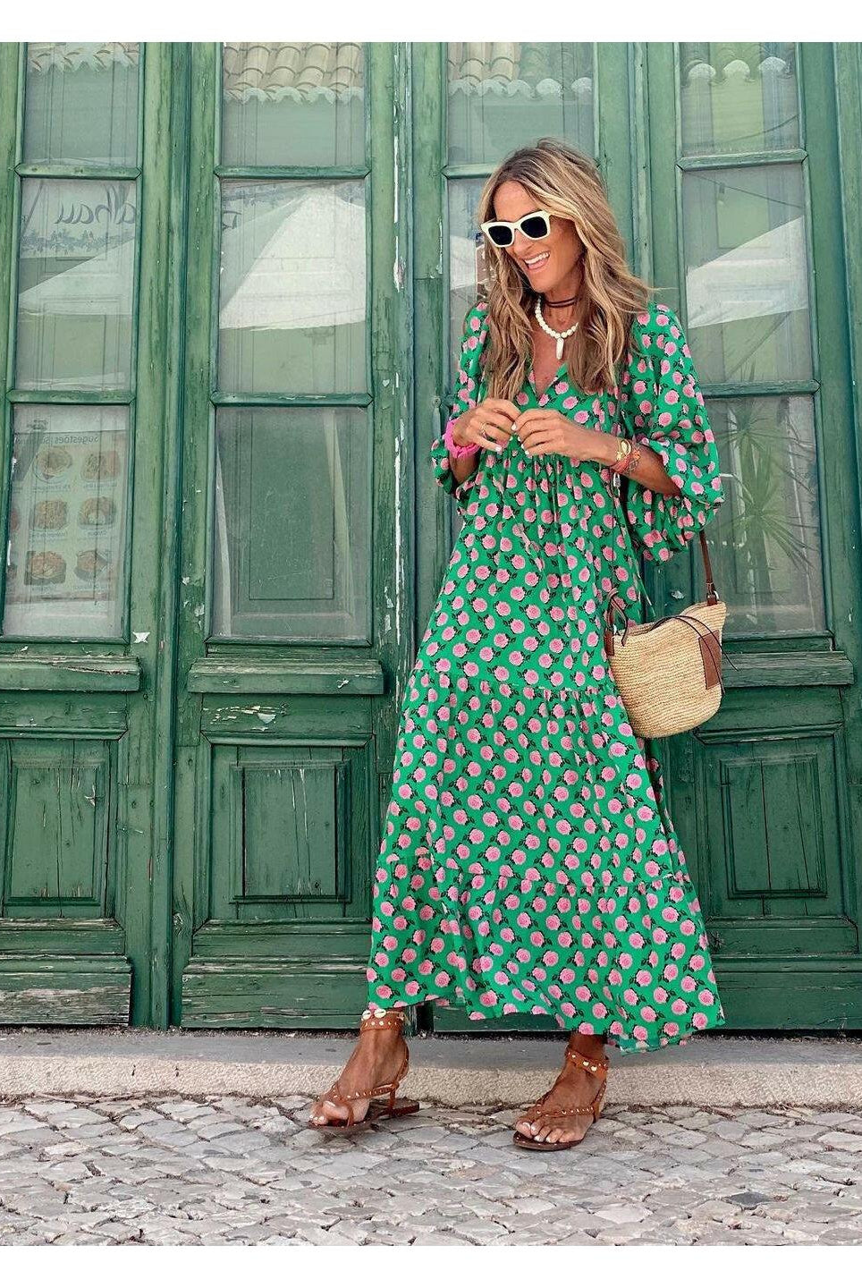 Green and white Sharon spring dress by Lumina Wear, featuring a stylish, lightweight design perfect for warm weather.