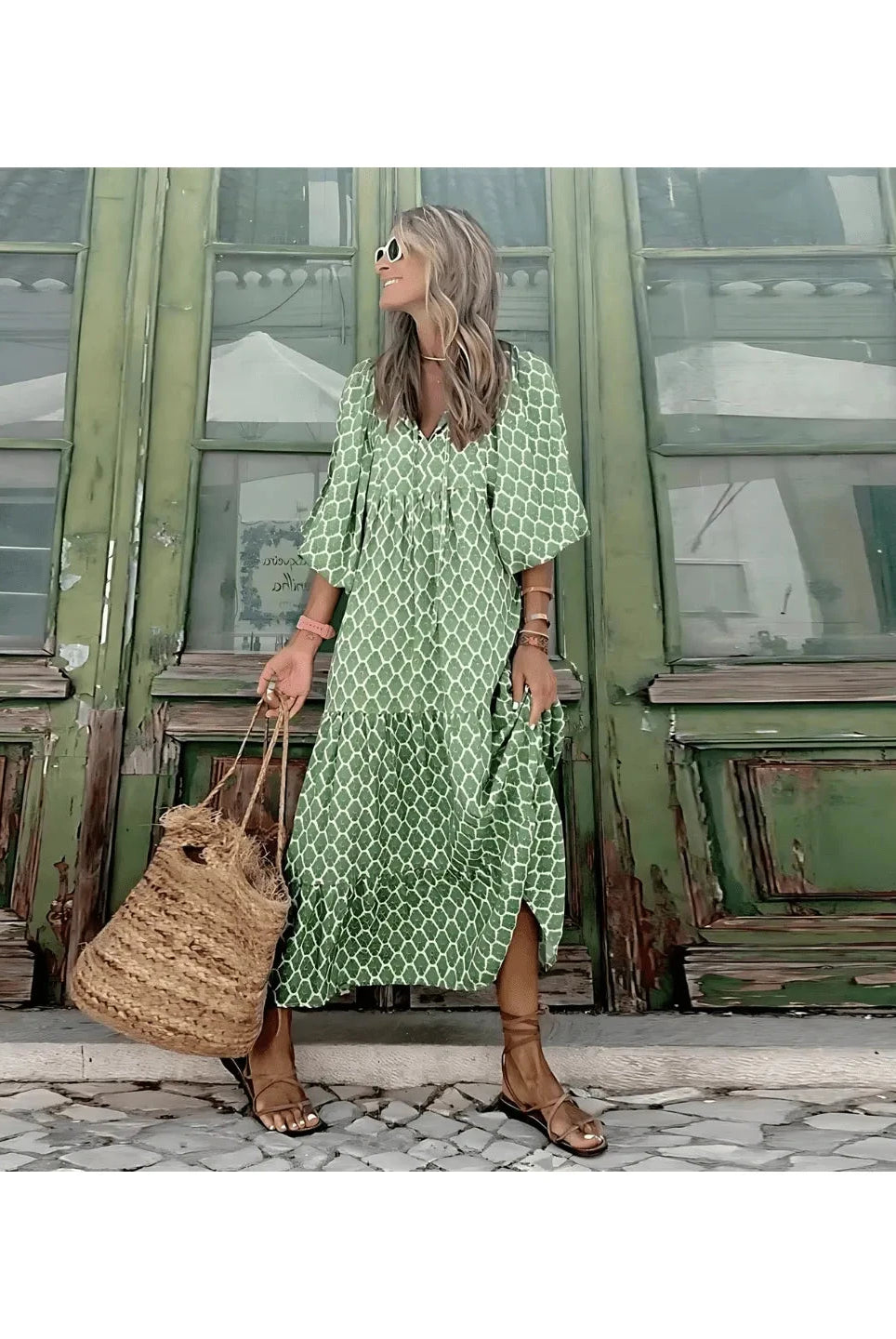 Green and white spring dress by Lumina Wear featuring a flowy design, perfect for warm weather and casual occasions.