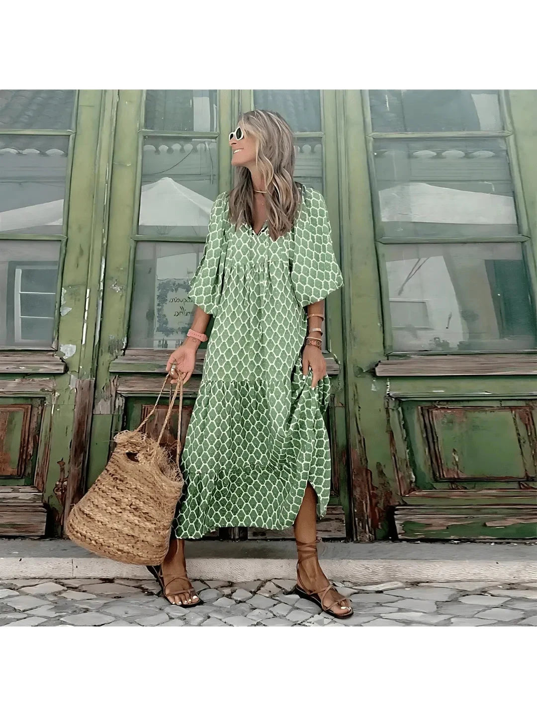 Green and white Sharon™ spring dress by Lumina Vancouver, lightweight fabric, stylish floral pattern, perfect for warm weather.