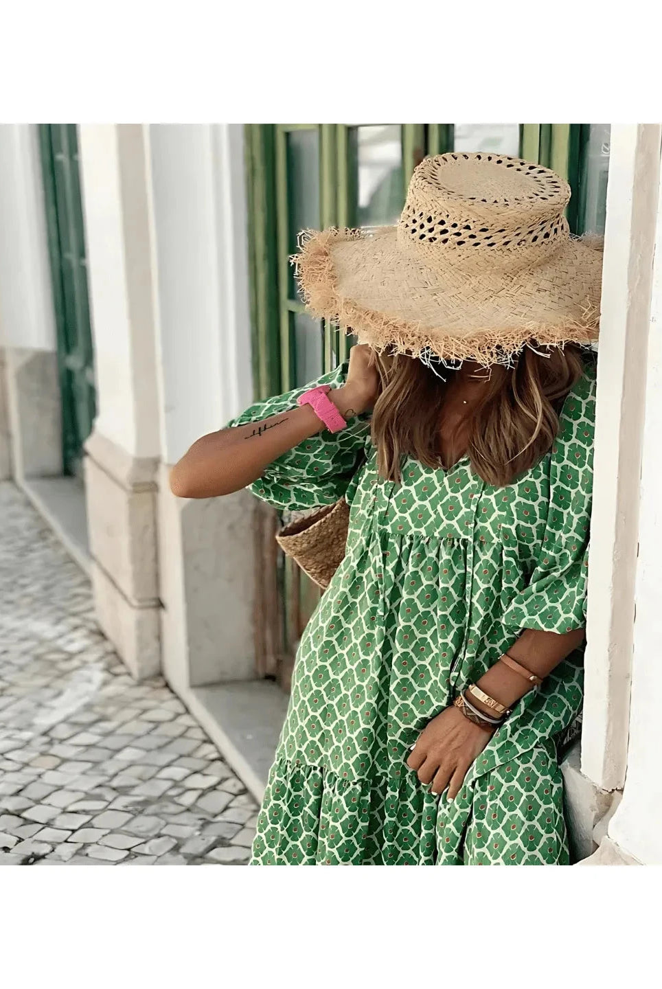 Green and white Sharon spring dress by Lumina Wear featuring a lightweight, flowy design perfect for warm weather.