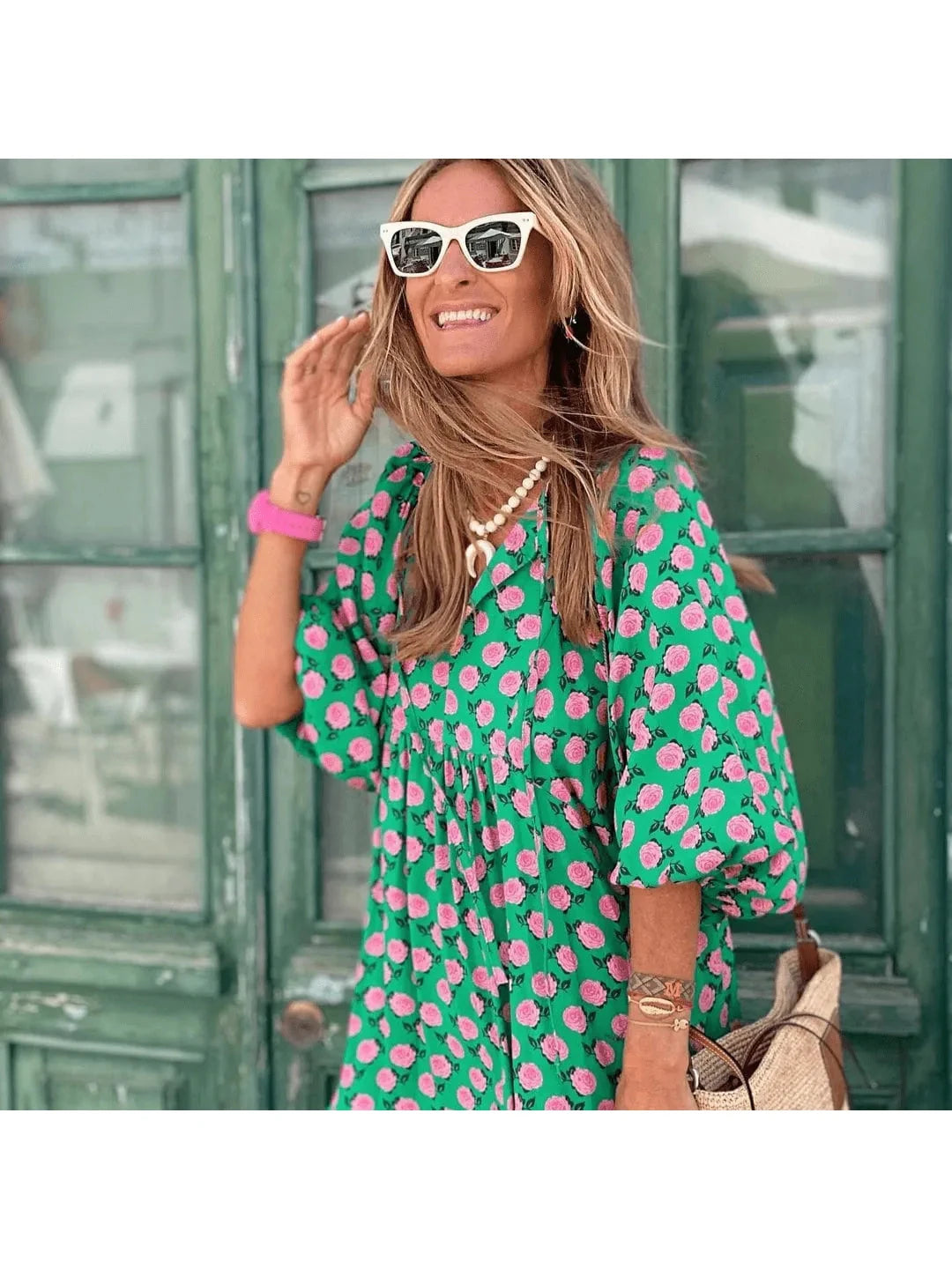 Green and white Sharon™ spring dress by Lumina Vancouver, lightweight fabric with floral pattern and relaxed fit.