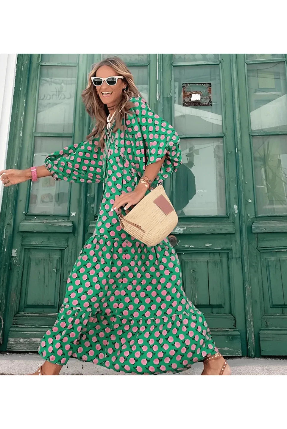 Green and white Sharon spring dress by Lumina Wear, featuring a stylish, lightweight design perfect for warm-weather wear.