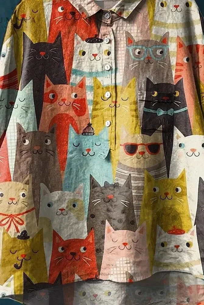 Multicolor Sheila Feline Art T-Shirt by Lumina Wear featuring vibrant cat illustrations on a casual tee.