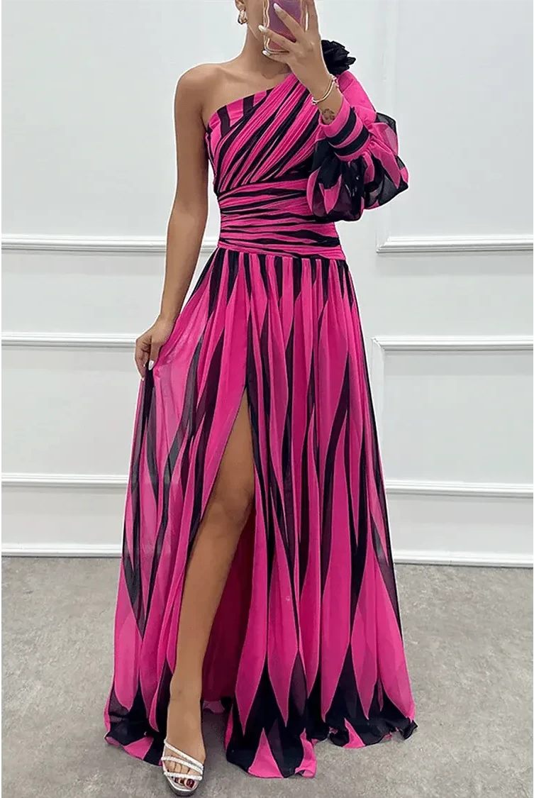 Lumina Wear Shiloh elegant striped one-shoulder maxi dress in white, flowing fabric with stylish design and asymmetric shoulder detail.