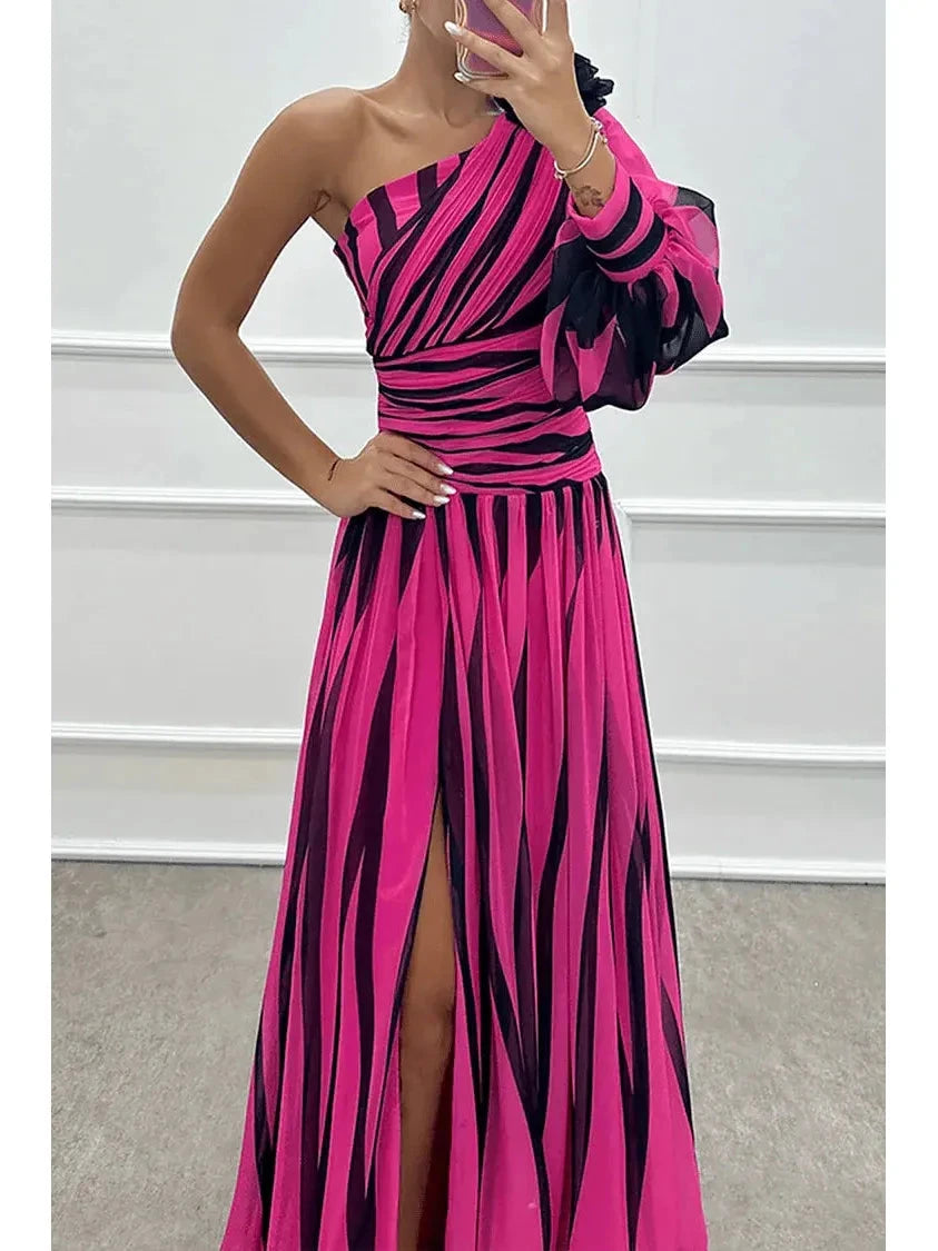 Elegant white Shiloh striped one-shoulder maxi dress by Lumina Vancouver, flowing fabric, stylish design, perfect for summer events.