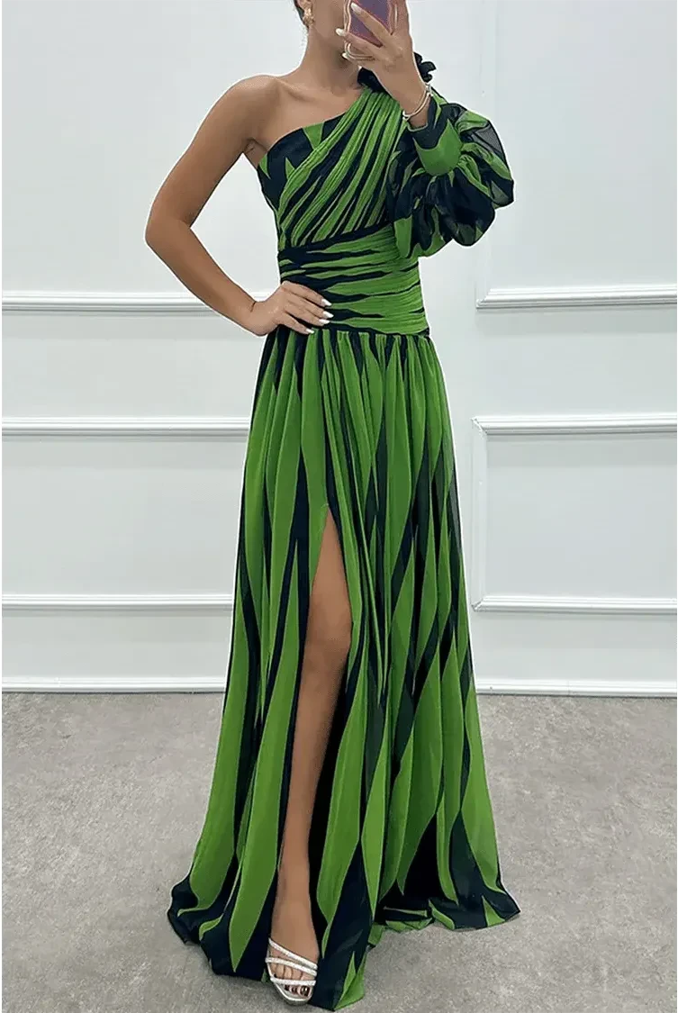 Elegant white striped one-shoulder maxi dress by Lumina Wear, flowing design with stylish shoulder detail.
