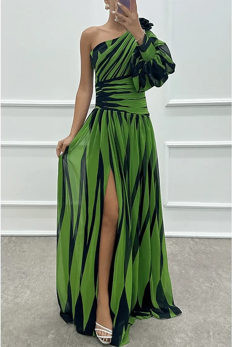 Elegant white Shiloh striped one-shoulder maxi dress by Lumina Wear, flowing design with stylish shoulder detail.