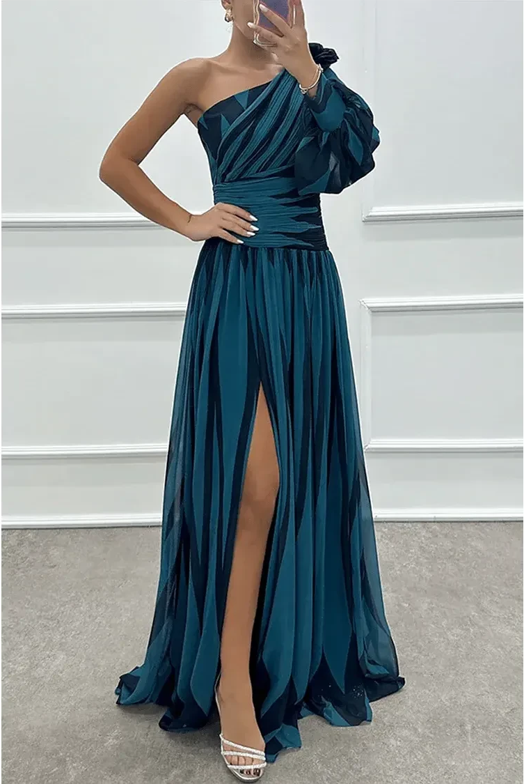 Elegant white Shiloh striped one-shoulder maxi dress by Lumina Wear, flowing fabric and stylish design.