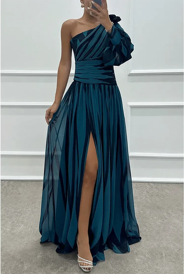Lumina Wear Shiloh elegant striped one-shoulder maxi dress in white, flowing design perfect for stylish occasions.