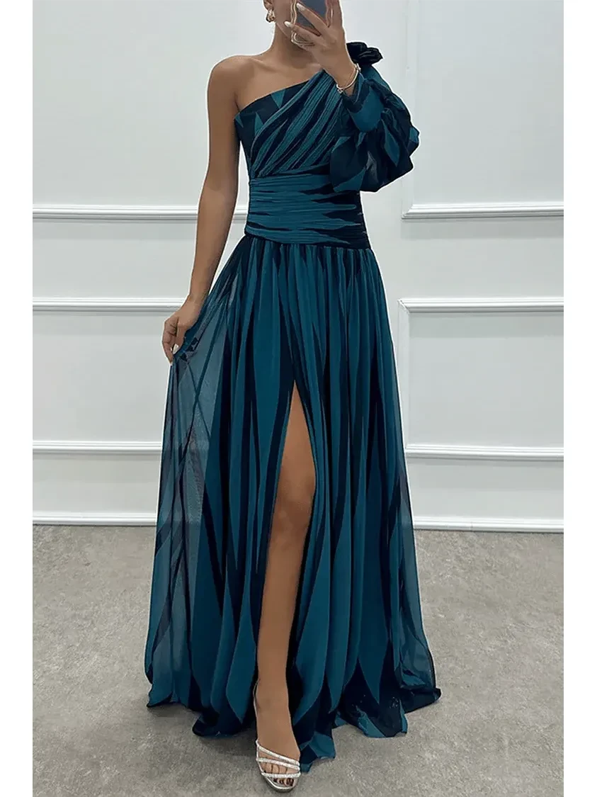 White Shiloh elegant striped one-shoulder maxi dress by Lumina Vancouver featuring flowing fabric and stylish design.