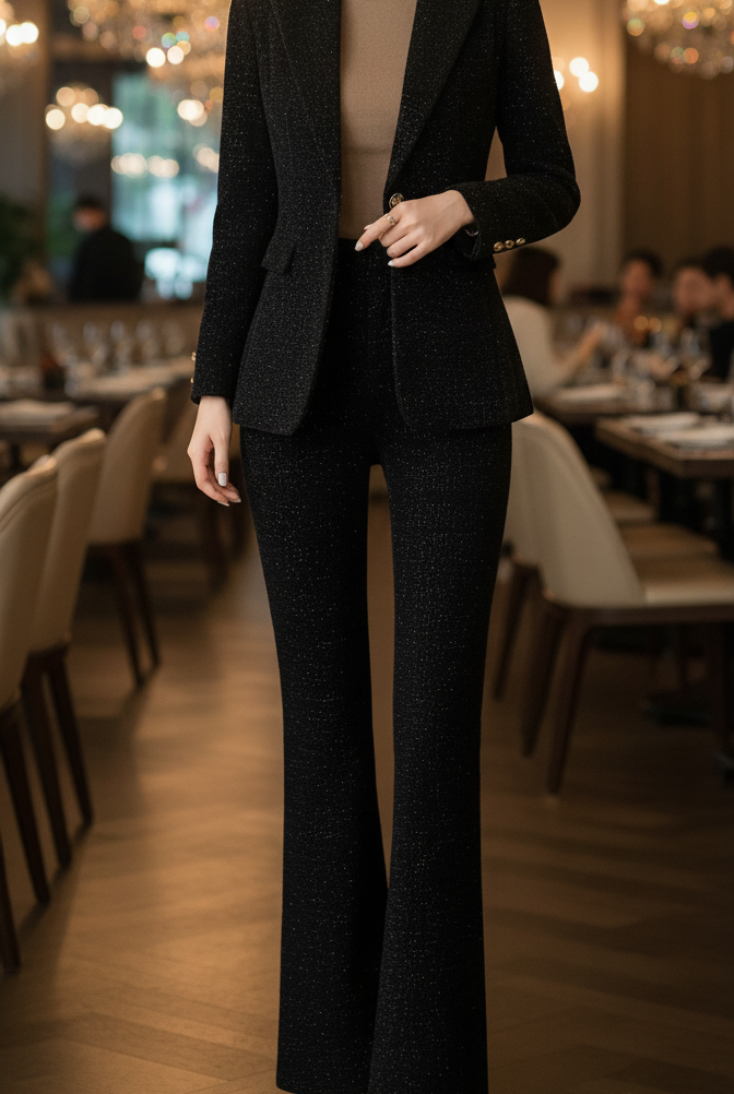 Sienna Midnight double-breasted suit set by Lumina Vancouver, featuring a tailored black blazer and matching trousers.